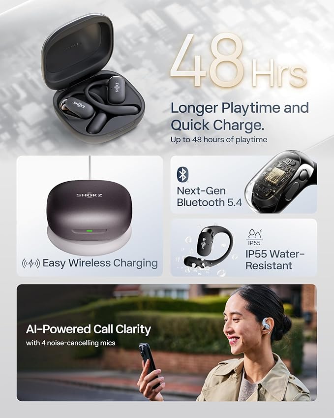 SHOKZ New OpenFit 2+ Open-Ear Headphones, Dolby Audio Enabled, Comfortable Earbuds with Soft Ear Hooks, 48H Playtime, IP55 Water-Resistant, USB-C Fast Charging, Wireless Charging, Carrying Bag, Black