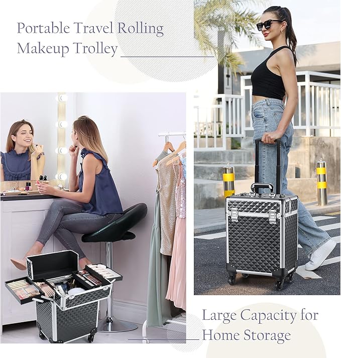Rolling Makeup Train Case Large Cosmetic Trolley Organized Aluminum Barber Case for Hairstylist Makeup Nail Tech Salon with Keys Swivel Wheels Traveling Cart Trunk - Black