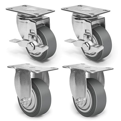 3 Inch Caster Wheels, Rubber Wheels Silent Castor- Set of 4 Heavy Duty Caster Wheels with Brake 1200Lbs, Industrial Plate Casters Wheels for Cart Furniture Workbench (2 Brake & 2 Rigid)