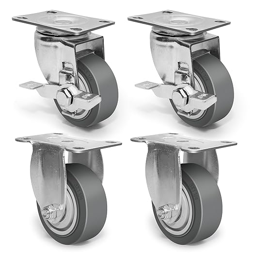 3 Inch Caster Wheels, Rubber Wheels Silent Castor- Set of 4 Heavy Duty Caster Wheels with Brake 1200Lbs, Industrial Plate Casters Wheels for Cart Furniture Workbench (2 Brake & 2 Rigid)