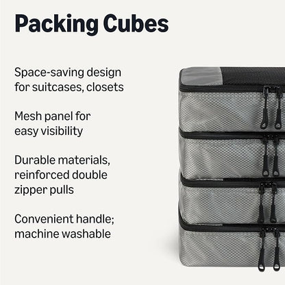 Amazon Essentials 4-Piece Packing Cubes Travel Accessories Set, Luggage Organizer with Double Zipper, Mesh Top, 100% Polyester, Small, Gray (Previously Amazon Basics)