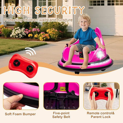 12V Electric Ride On Bumper Car for Kids, Bumper Car for Toddlers 3+ W/Remote Control, LED Lights & 360 Degree Spin, Bluetooth, Anti-Collision Padding Five-Point Safety Belt (Rose Red)