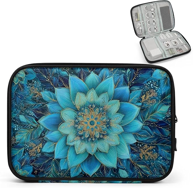 Cable Organizer Teal Mandala Flower Electronics Travel Organizer Case Tech Accessories Pouch Waterproof Cord Storage Bag for Power Bank Charger Phone Earphone
