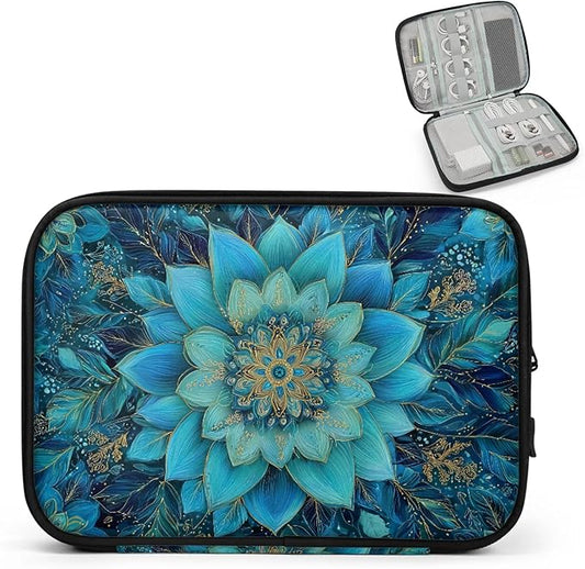 Cable Organizer Teal Mandala Flower Electronics Travel Organizer Case Tech Accessories Pouch Waterproof Cord Storage Bag for Power Bank Charger Phone Earphone