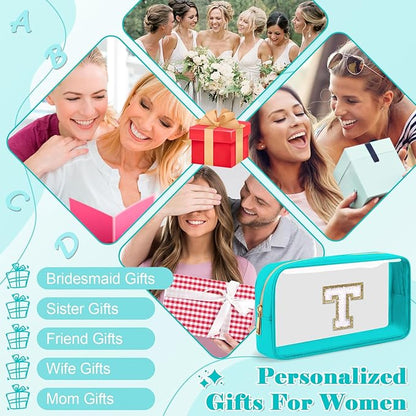 Personalized Initial Letter Clear Makeup Bag,Preppy Small Nylon&PVC Cosmetic Zipper Bag with Chenille Letter,Portable Beach Travel Skincare Toiletry Bag,Trendy Monogram Gift for Teen Girls Women,T