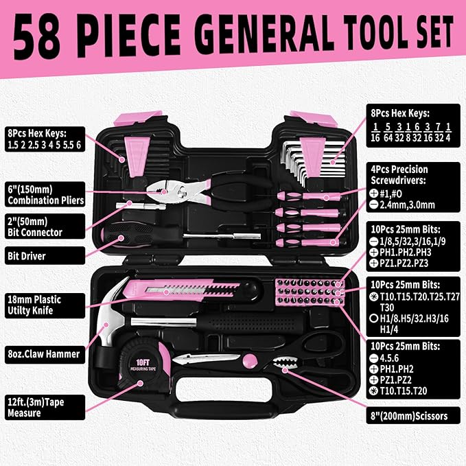 58-Piece Pink Household Tool Set General Household Hand Tool Kit,Small Tool Kit with Plastic Toolbox Mini Tool kit for Women, Office & College Repairs