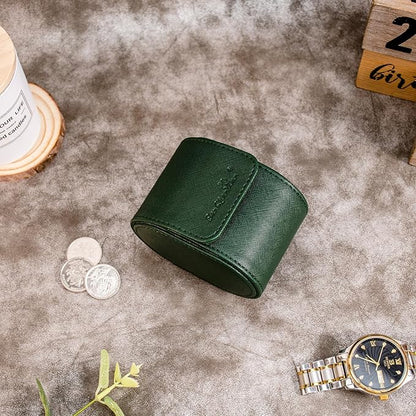 SANQIANWAN Single Travel Storage Watch Roll Portable PU Leather Watch Case Box for Men with Button Style Removable Watch Pillow Watch Display Roll (Dark Green)