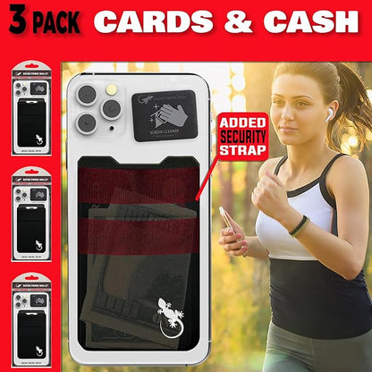 Gecko Travel Tech Double Pocket - Adhesive Card Holder - Cell Phone Pouch - Stick on Spandex Pocket - Carry Credit Cards and Cash (3 PACK - BLACK WHITE)