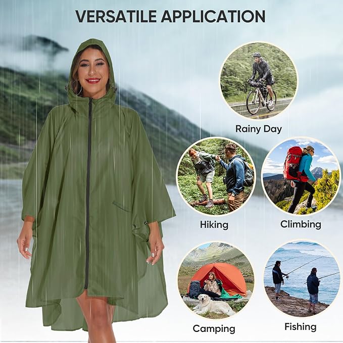 PTEROMY Hooded Rain Poncho for Adult with Pocket and Zipper, Waterproof Lightweight Raincoat for Men and Women