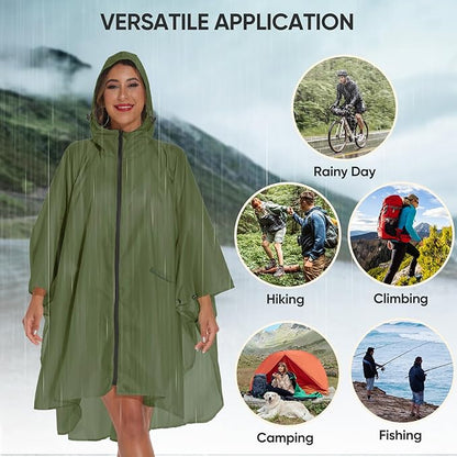PTEROMY Hooded Rain Poncho for Adult with Pocket and Zipper, Waterproof Lightweight Raincoat for Men and Women