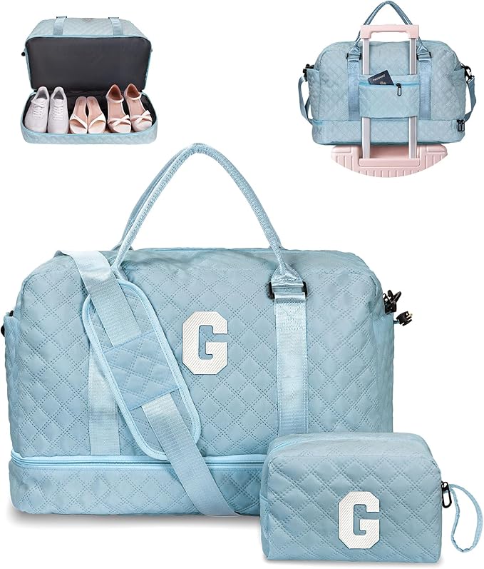 Gifts for Girls-Teen Weekender Bags, Personalized Monogram Overnight Bag, Letter Travel Bag with Makeup Bag, Personalized Gift Idea for Women Her (Letter G)