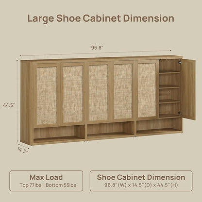 SICOTAS Rattan Shoe Storage Cabinet - Modular Shoe Cabinets with Door Tall Large Shoe Cabinet Storage for Entryway - 96.8" Wide Modular Cabinet for Hallway, Living Room
