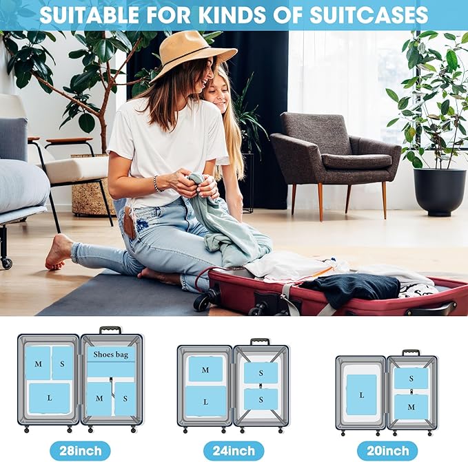 8 Set Compression Packing Cubes for Travel, Expandable Compression Cubes for Suitcases, Lightweight Suitcase Organizer with Shoes & Laundry Bags, Travel Accessories for Men Women