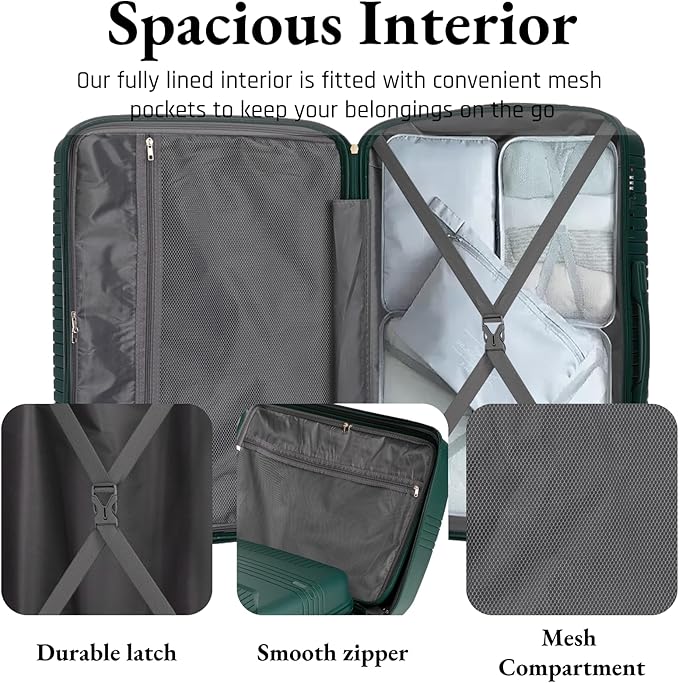 3-Piece PP Hard Shell Spinner Luggage Set (20" 24" 28") with Combination Lock, Adjustable Pull Rod Suitcases, Eemerald