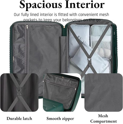3-Piece PP Hard Shell Spinner Luggage Set (20" 24" 28") with Combination Lock, Adjustable Pull Rod Suitcases, Eemerald