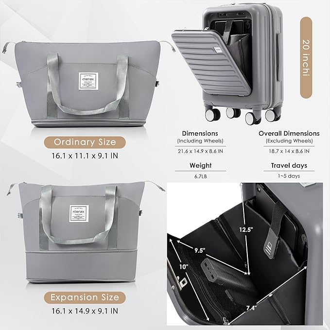 Merax Front Opening 20-Inch Carry-On Luggage with Expandable Travel Bag Set, ABS Hard Shell Two-piece Suitcase Set with USB Port, Cup Holder, ABS+grey blue