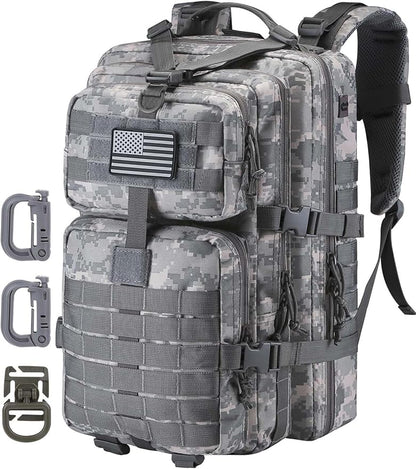 MOLLE Assault Backpack, Tactical Backpack Army Military Camping Rucksack, 3-Day Pack Travel Trip w/USA Flag Patch, D-Rings, ACU Camo