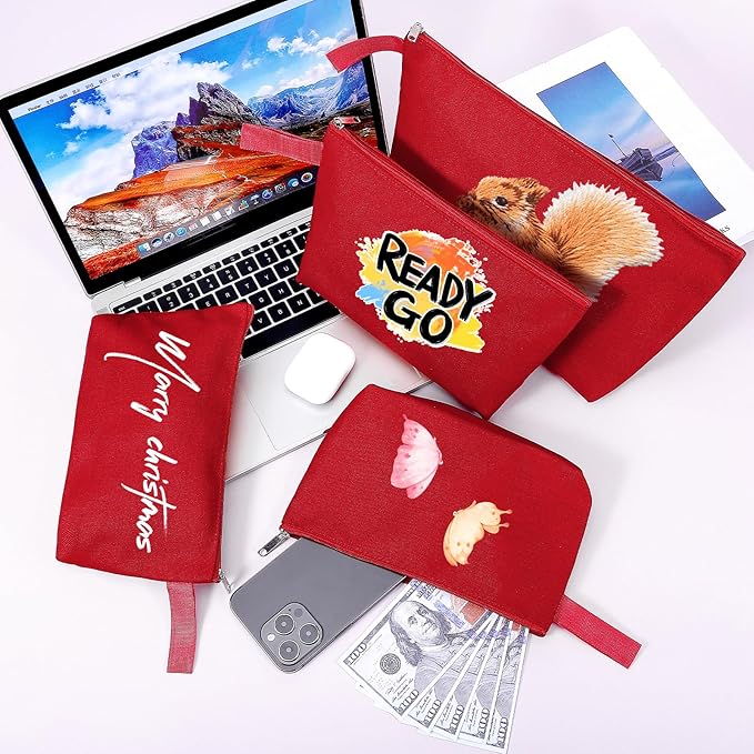 10 Pieces Cotton Canvas Makeup Bag with Bottom and Strap, Multi-Purpose Cosmetic Bag with Zipper Travel Toiletry Pouch, Blank DIY Craft Bag (Red, XS)