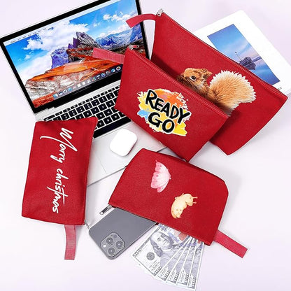 10 Pieces Cotton Canvas Makeup Bag with Bottom and Strap, Multi-Purpose Cosmetic Bag with Zipper Travel Toiletry Pouch, Blank DIY Craft Bag (Red, XS)