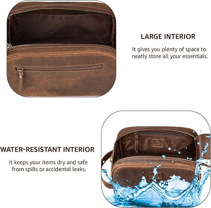 King-Size Premium Leather Toiletry Travel Pouch – Handcrafted Vintage Dopp Kit Bag with Waterproof Lining, Spacious Design for Travel Essentials, Elegant Brown Finish