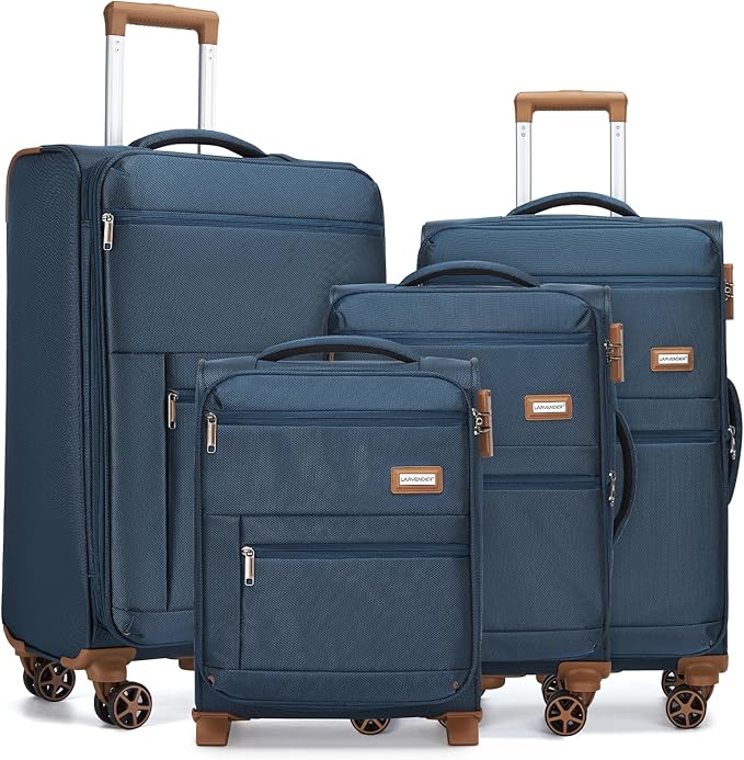 LARVENDER Luggage Sets 4 Piece, Softside Carry On Luggage Suitcase Set with 360° Spinner Wheels for Women Men(28/24/20/18) Navy Blue