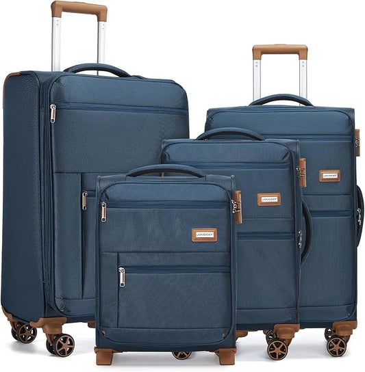 LARVENDER Luggage Sets 4 Piece, Softside Carry On Luggage Suitcase Set with 360° Spinner Wheels for Women Men(28/24/20/18) Navy Blue