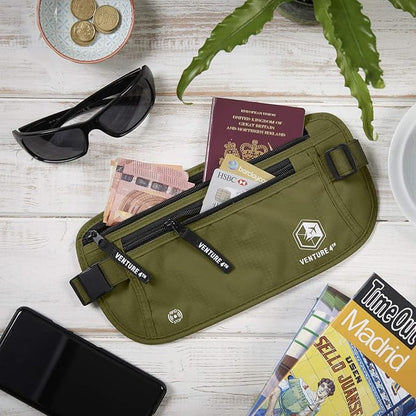 VENTURE 4TH Money Belt for Travel – Hidden Under-Clothes RFID Blocking Passport Holder & Slim Travel Wallet Pouch for Men & Women to Protect Cash, Cards & Documents (Green)