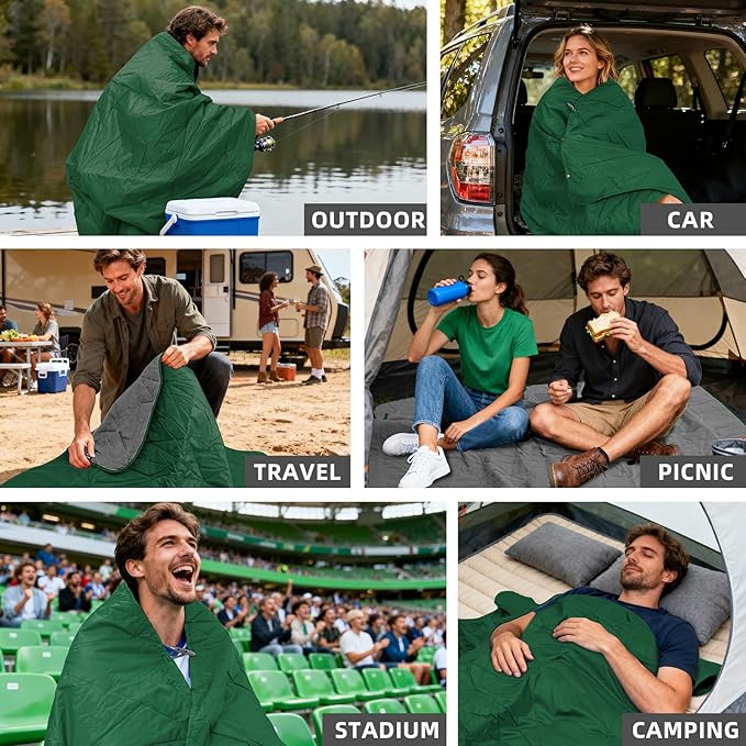 Outdoor Waterproof Blanket, Foldable Fleece Stadium Blanket for Outdoor Sports Event, Camping, Car, Pet, Picnics - Windproof, Wearable, Machine Washable 80" x 58" (Green)