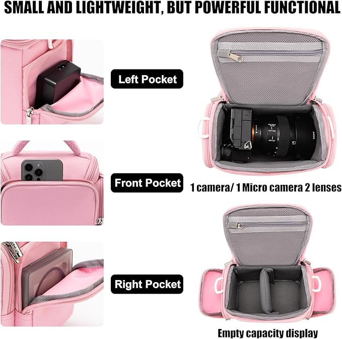 CADeN Compact Camera Shoulder Crossbody Bag Case Compatible for Nikon, Canon, Sony SLR/DSLR Mirrorless Cameras and Lenses Waterproof(1.0 S, Pink)
