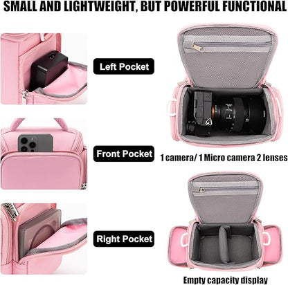 CADeN Compact Camera Shoulder Crossbody Bag Case Compatible for Nikon, Canon, Sony SLR/DSLR Mirrorless Cameras and Lenses Waterproof(1.0 S, Pink)