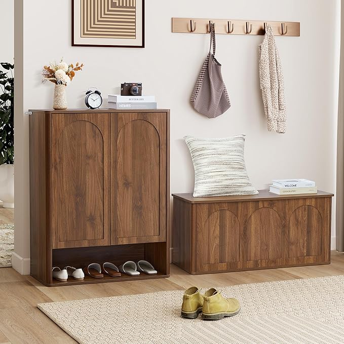 Tall and Large Shoe Storage Cabinet Set of 2 with Doors and Adjustable Shelves, 5-Tier Modern Shoe Rack Cabinet Storage for Entryway, Entrance, Hallway, Foyer/Kitchen Sideboard - Walnut