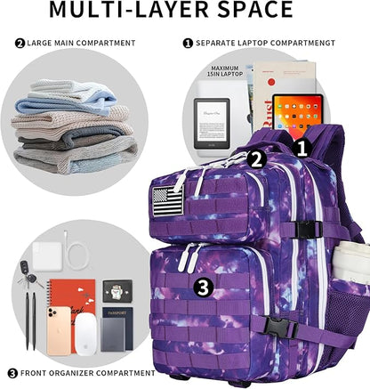 25L Tactical Backpack Military Tactical Backpack for Men and Women Small Assault Pack Outdoor Travel Hiking Camping Rucksack with Molle Webbing (Purple Camo)