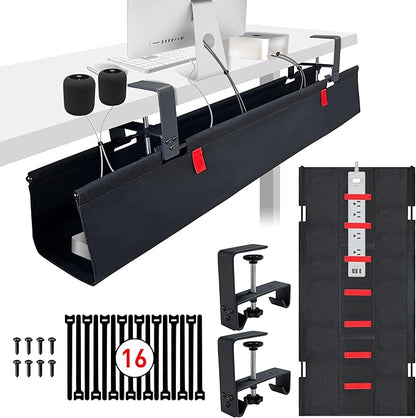 Under Desk Cable Management,No Drill 36",cord organizer,with Silicone Pads (No Scratch!)16 Cable Ties,Washable PE Honeycomb Base,Clamp/Screw Mount-Fits Any Desk 0-2.1",No Stinky Cardboard! Black
