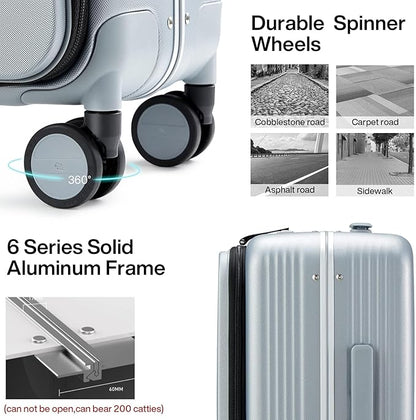 Hanke Grace Hard Shell Suitcases with Wheels,20 Inch Carry On Luggage Airline Approved with Aluminum Frame, Travel suitcase with Front Pocket Travel Luggage for Short Business Trips, Grey.