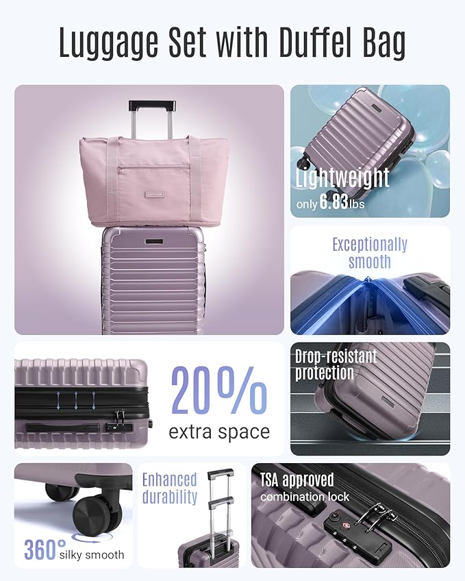 LIGHT FLIGHT Luggage Sets, Carry On Luggage 22x14x9 Airline Approved, Carry On Travel Bag Suitcases with Wheels, Expandable Hardside Lightweight Rolling with TSA Lock 2-Piece Set (DB/20),Rose Purple