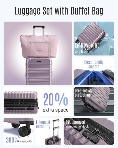 LIGHT FLIGHT Luggage Sets, Carry On Luggage 22x14x9 Airline Approved, Carry On Travel Bag Suitcases with Wheels, Expandable Hardside Lightweight Rolling with TSA Lock 2-Piece Set (DB/20),Rose Purple