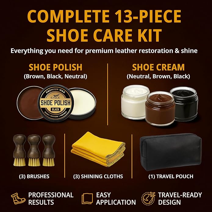 Eagle 13-Piece Shoe Polish Kit – Black, Brown & Neutral Shoe Wax & Boot Cream with Dauber Brushes and Shine Cloths – Leather Shoe Shine & Care Kit