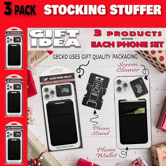 Gecko Travel Tech Double Pocket - Adhesive Card Holder - Cell Phone Pouch - Stick on Spandex Pocket - Carry Credit Cards and Cash (3 PACK - -BLANK- BLACK)