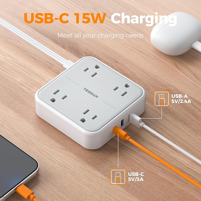 TESSAN Surge Protector Power Strip, 3 Ft Ring Pull Extension Cord with Multiple Outlets, 3 USB (1 USB C) 4 Outlets, 900J Surge Protection, Desktop Charging Station for Home, Office, Dorm Room