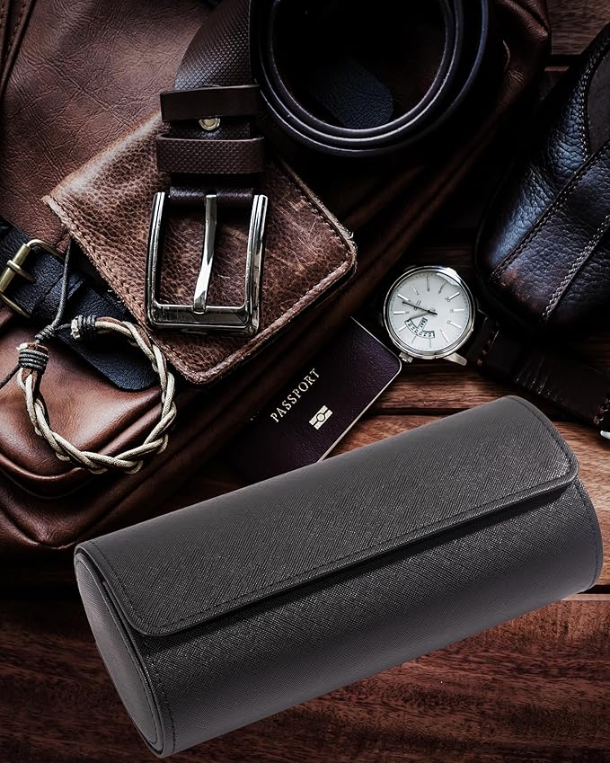 MR.OKAY 3 Watch Travel Case- Classic Leather Watch Case With Superb Texture.Portable Watch Roll Or Organizer For Storage And Display. Best Travel Gift for Men,All Handcrafted By Artisans.