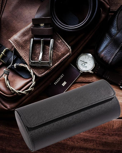 MR.OKAY 3 Watch Travel Case- Classic Leather Watch Case With Superb Texture.Portable Watch Roll Or Organizer For Storage And Display. Best Travel Gift for Men,All Handcrafted By Artisans.