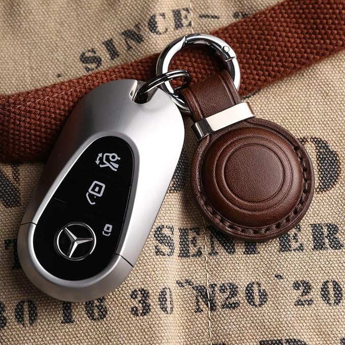 Genuine Leather AirTag Keychain Holder - Compatible with Apple AirTag Holder Keychain, Secure Hidden Air Tag Case Cover Key Chain Ring Fob Accessories (Dark Brown)
