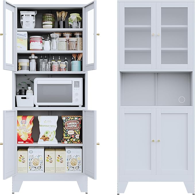69" Tall Modern Metal Pantry Cabinet with Microwave Stand, Freestanding Linen Cabinet for Bathroom, Kitchen, Dining & Living Room, Kitchen Hutch & Coffee Bar(Glass)