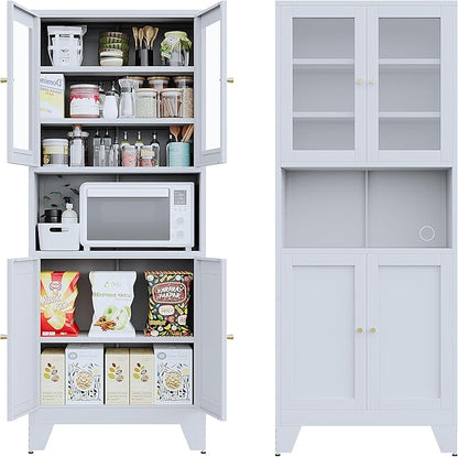 69" Tall Modern Metal Pantry Cabinet with Microwave Stand, Freestanding Linen Cabinet for Bathroom, Kitchen, Dining & Living Room, Kitchen Hutch & Coffee Bar(Glass)