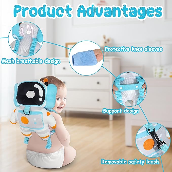 Baby Backpack Walker Protection, Toddler Head Protector Backpack Adjustable 270° Three-Sided Protection Breathable Design with Knee Pads & Safety Rope, 6-12 Month Baby(Astronaut)