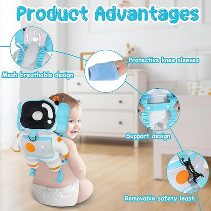 Baby Backpack Walker Protection, Toddler Head Protector Backpack Adjustable 270° Three-Sided Protection Breathable Design with Knee Pads & Safety Rope, 6-12 Month Baby(Astronaut)