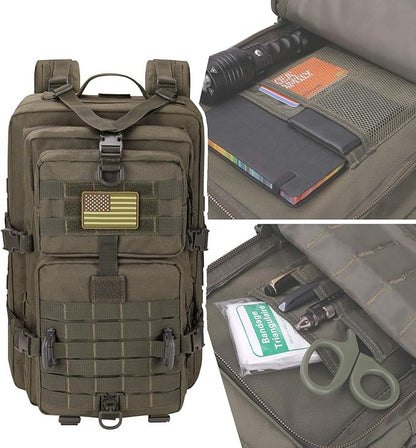 MOLLE Assault Backpack, Tactical Backpack Military Army Camping Rucksack, 3-Day Pack Trip w/USA Flag Patch, D-Rings, Olive