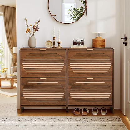 47" Large Shoe Storage Cabinet with 4 Flip Drawer Arched Fluted Pattern, Farmhouse Hidden Narrow Curved Corner Shoe Organizer for Entryway,Living Room (Walnut,with Divider)
