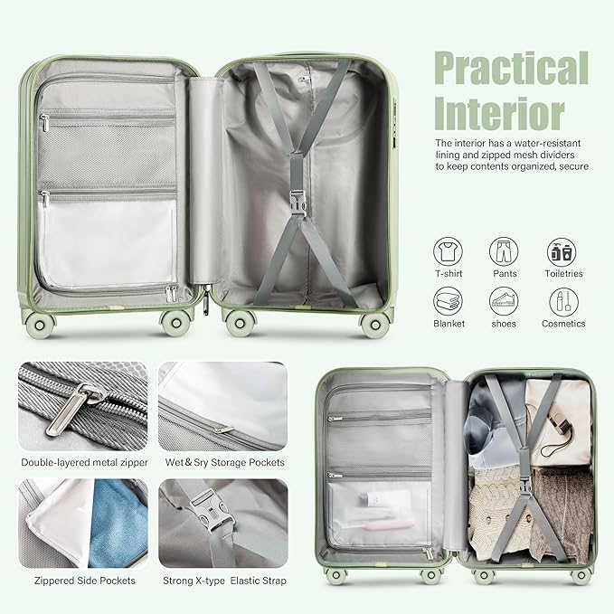 Luggage Sets 2 Piece Top Opening PC Hardside Suitcase with Spinner Wheel TSA Luggage(green)