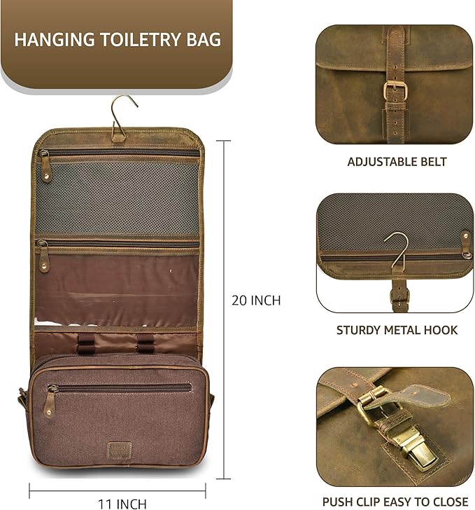 LEATHER VILLAGE Hanging Leather Toiletry Bag for Men – Handcrafted Vintage Premium Travel Dopp Kit with Waterproof Lining, Shaving Organizer and Shower Bathroom Essentials Case - Mud